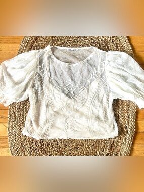 Zara White Embroidered Puff-Sleeve Crop Top Sz L